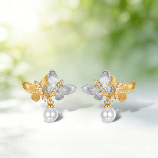 Two Tone Gold Hand-Brushed Butterfly Stud Earrings â€?Sparkling Rhinestones & Pearls