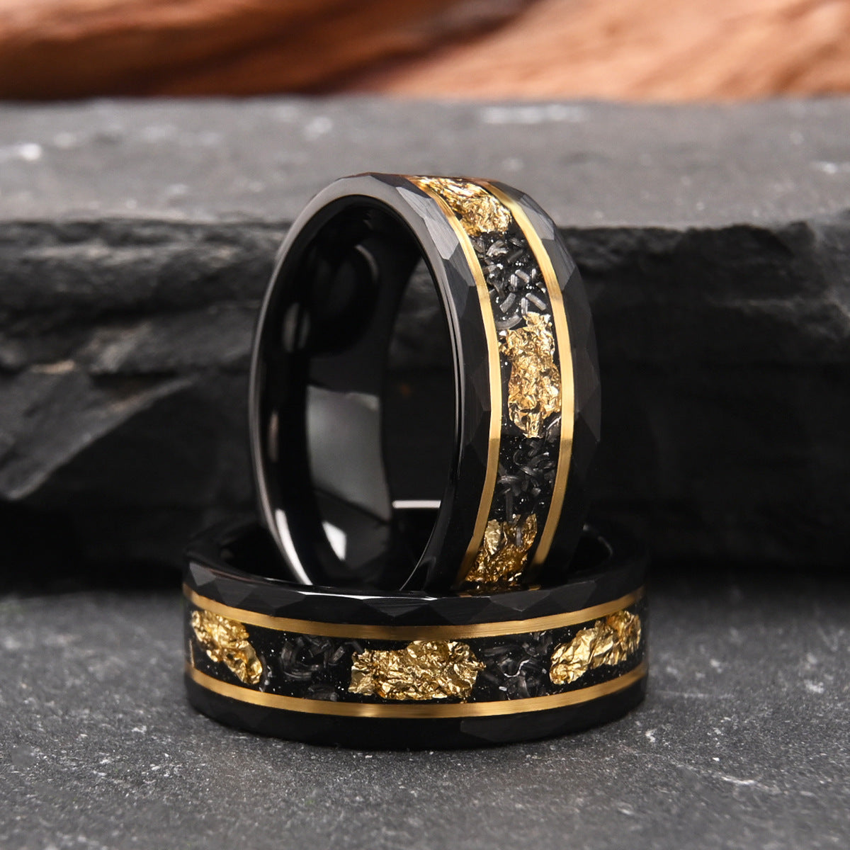 8mm tungsten men's wedding band Flat hammered black ring inlaid with meteorite
