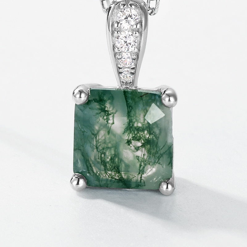 Princess Cut Natural Moss Agate Pendant Necklace