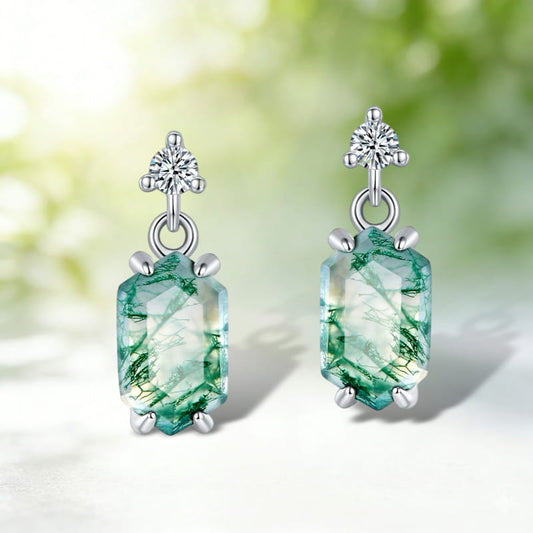 Dainty Moss Agate Earrings - Unique Long Hexagonal Nature Jewelry