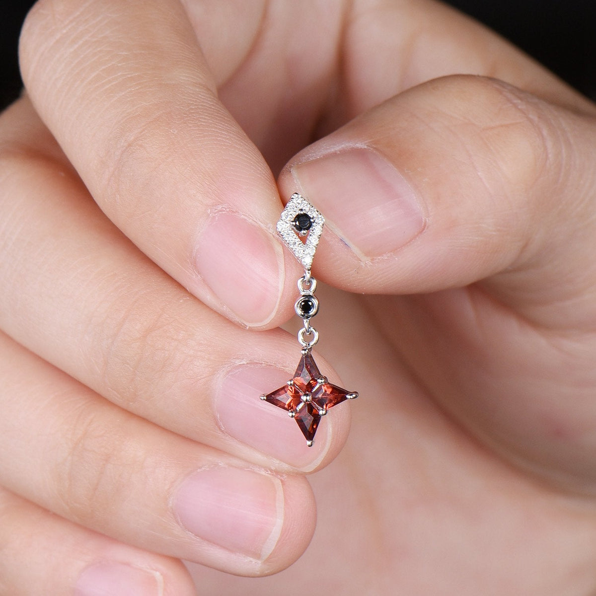 Kite Cut Natural Garnet Drop Earrings with Black Spinel & Moissanite Diamond