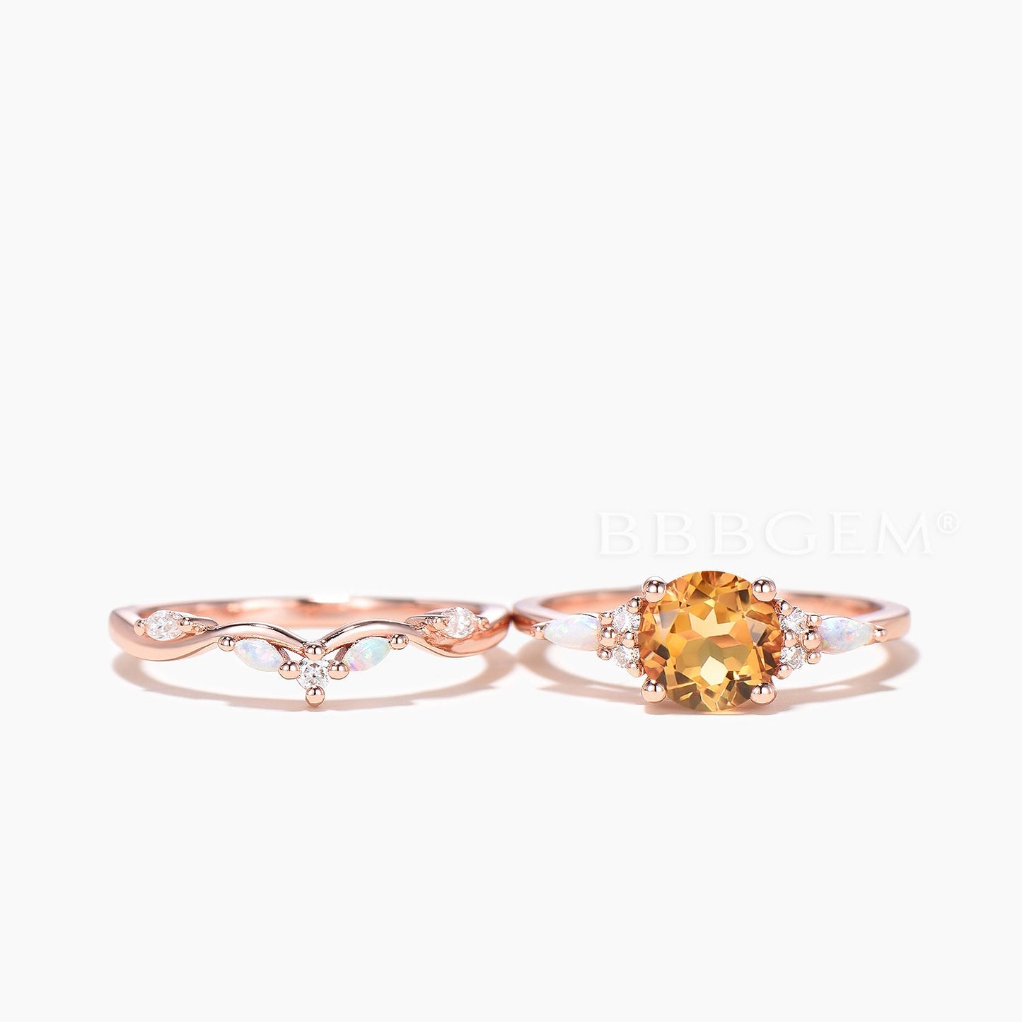 1.2CT Round Cut Natural Citrine Wedding Ring Set Opal Diamond Curved Band
