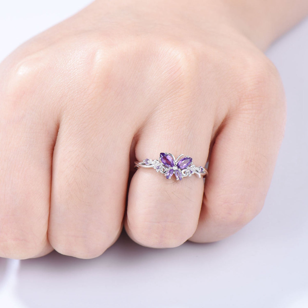 Vintage Butterfly Amethyst Engagement Ring Unique marquise cut purple amethyst silver white gold flower promise ring anniversary gift women