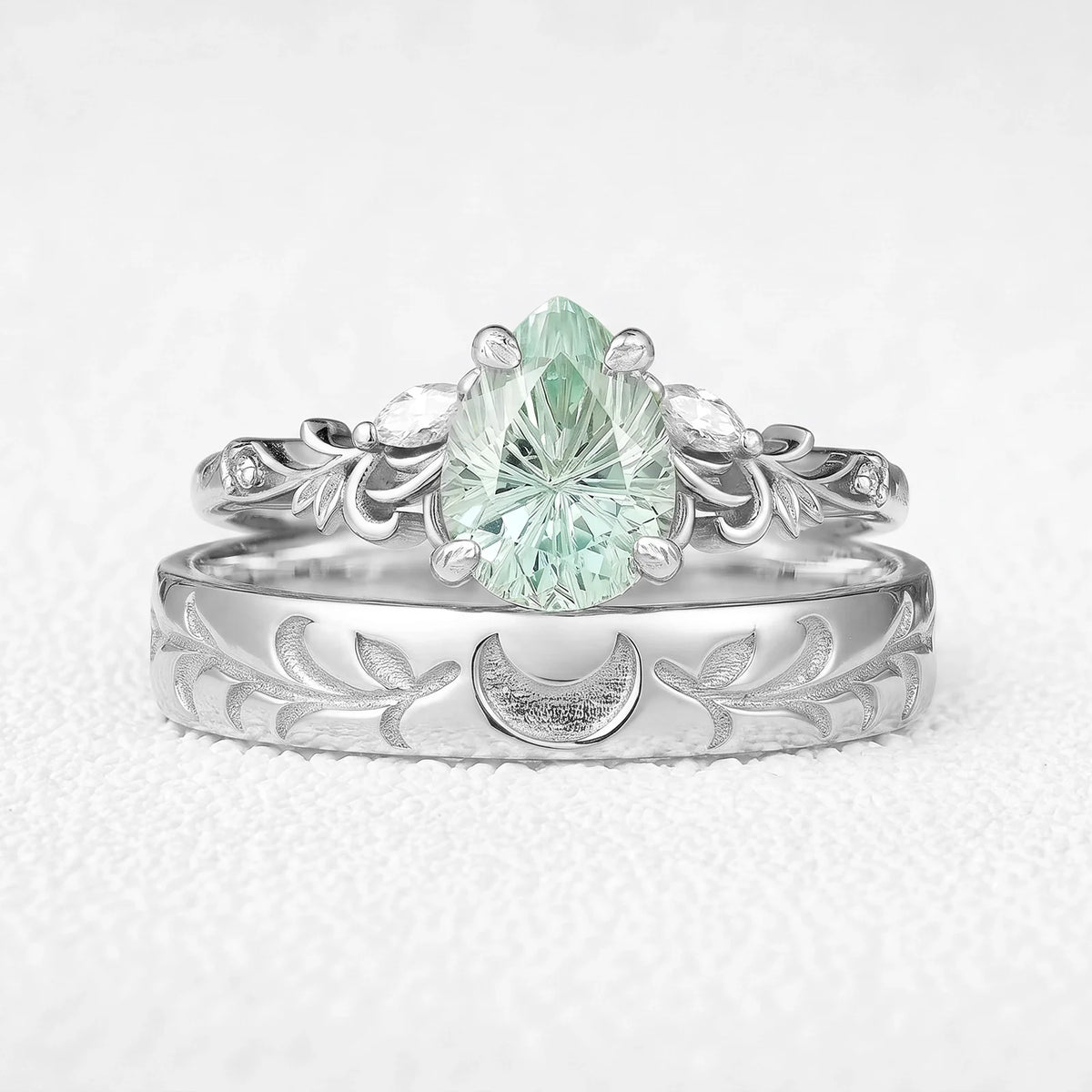 Selene’s Grove | Pear Green Sapphire & Moon Phase Couple Ring Set