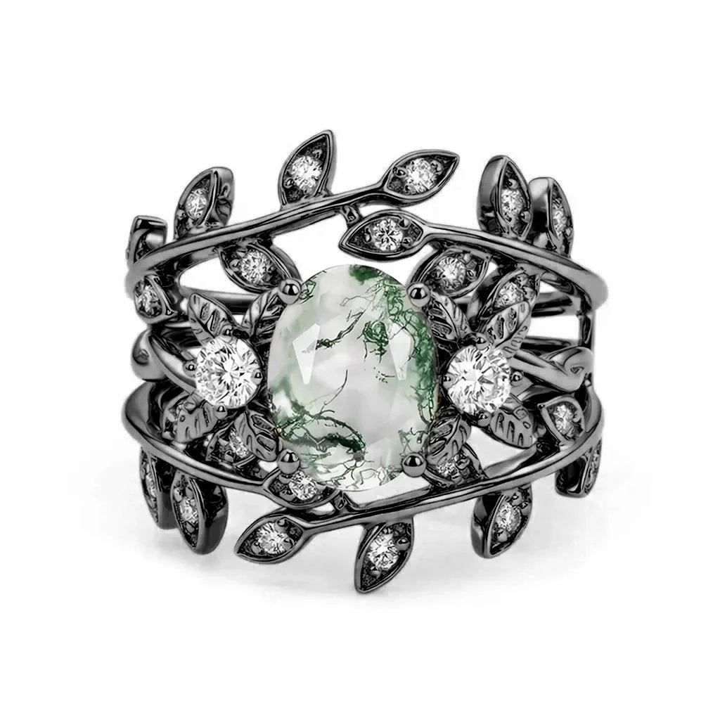 Léonie Oval Cut Moss Agate Leafy Gold Couple Ring Set