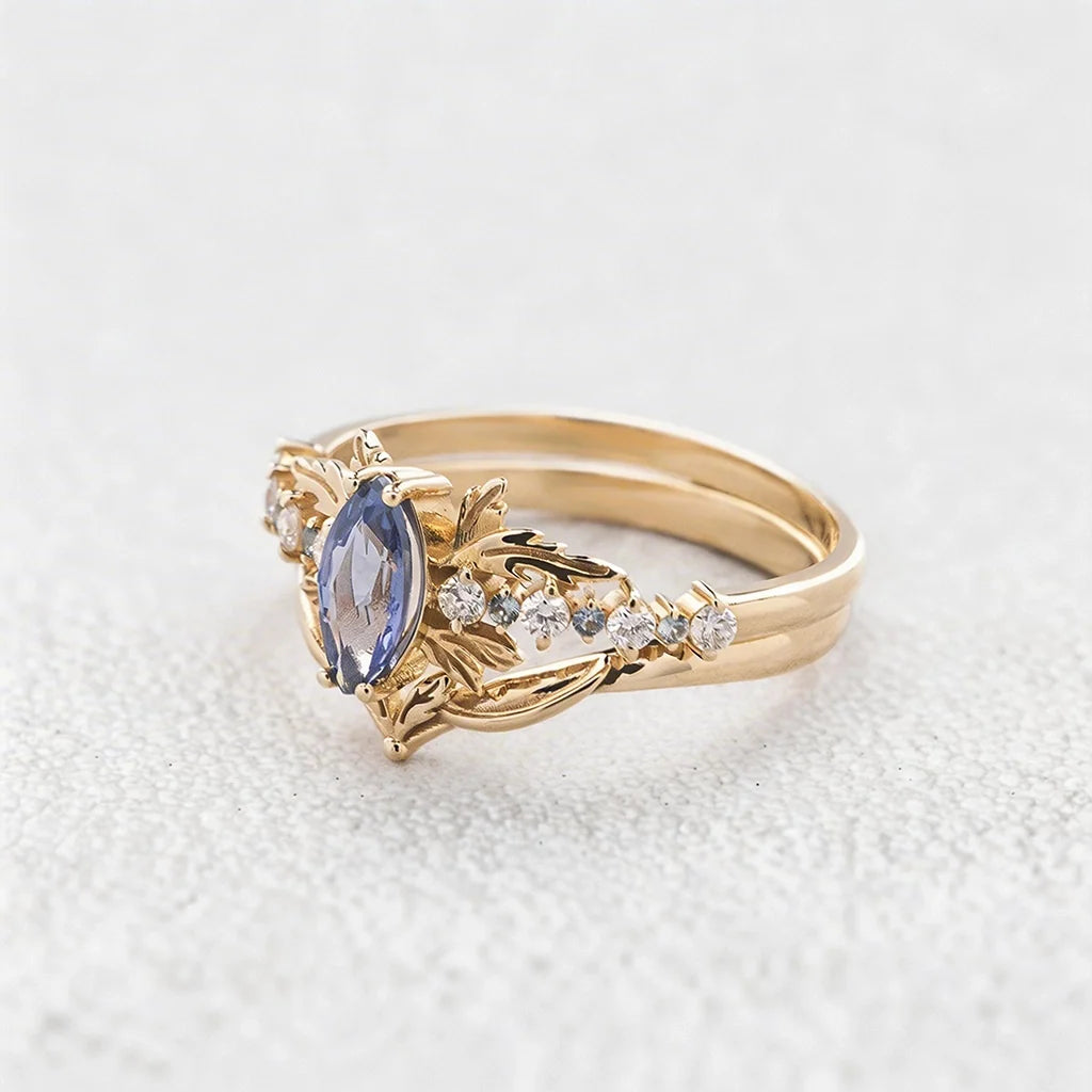 Aurora’s Fairy Wing | Marquise Natural Sapphire Vintage Bridal Set 2pcs