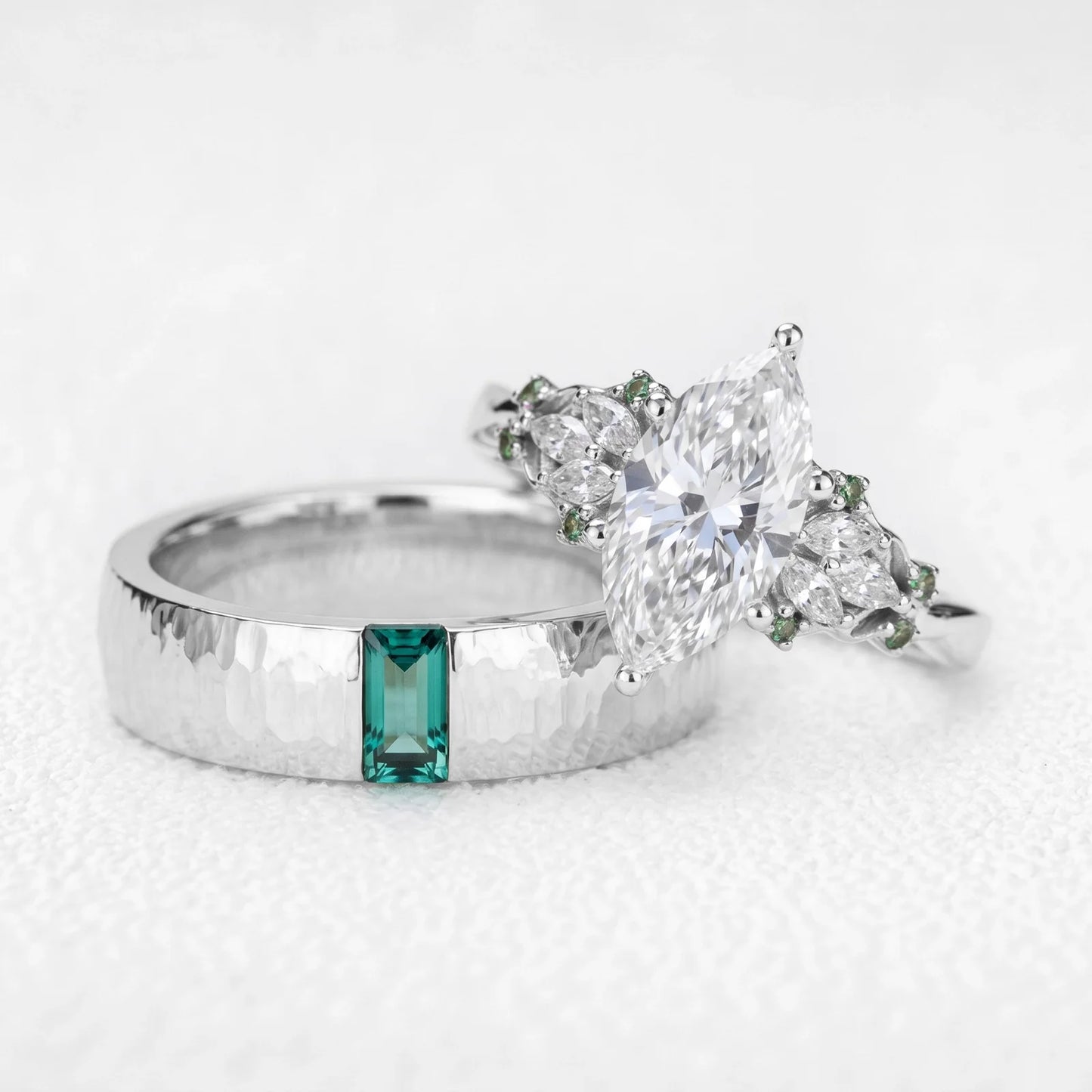 Eleonora’s Keystone | Vintage 2CT Marquise Diamond & Hammered Emerald Couple Set