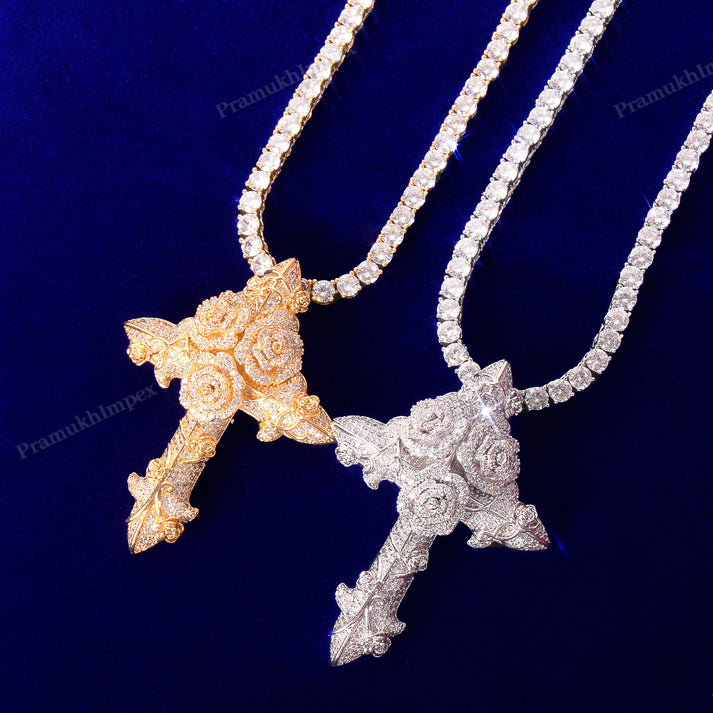 Moissanite Sterling Silver Rose Cross Pendant