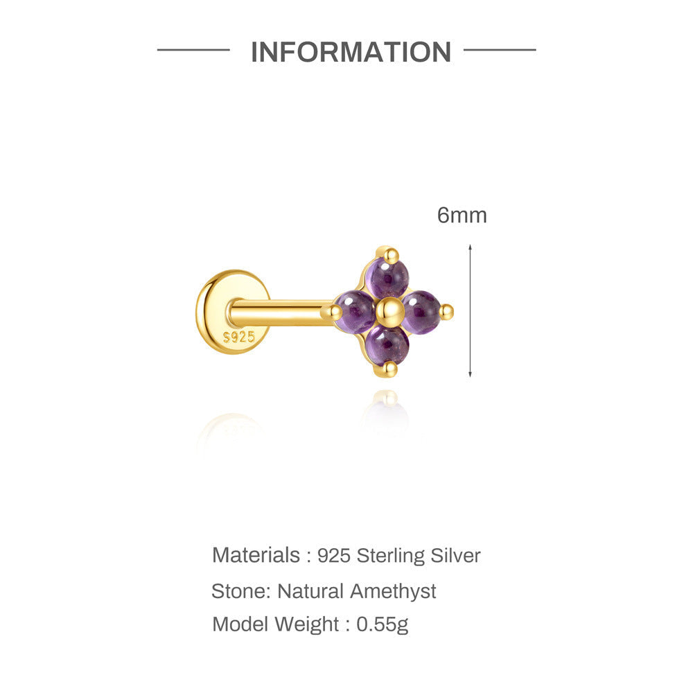 S925 Sterling Silver Natural Amethyst Geometric Cartilage Earring 16G Flat Back Earrings