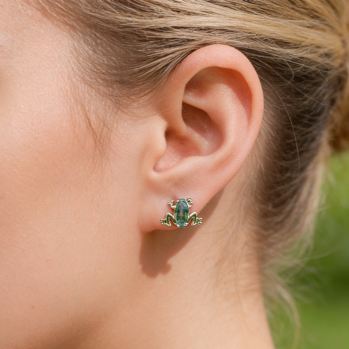Pondgem - Marquise Cut Moss Agate Frog Unique Stud Earrings
