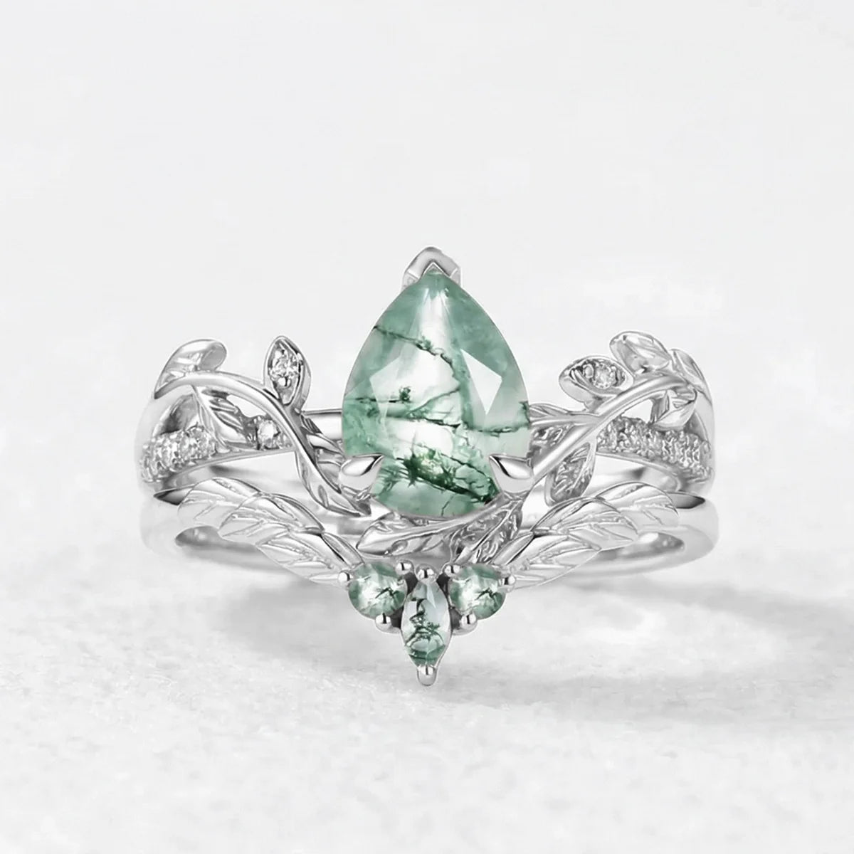 Marguerite’s Garland | Pear Cut Moss Agate Couple’s Ring Set 3pcs