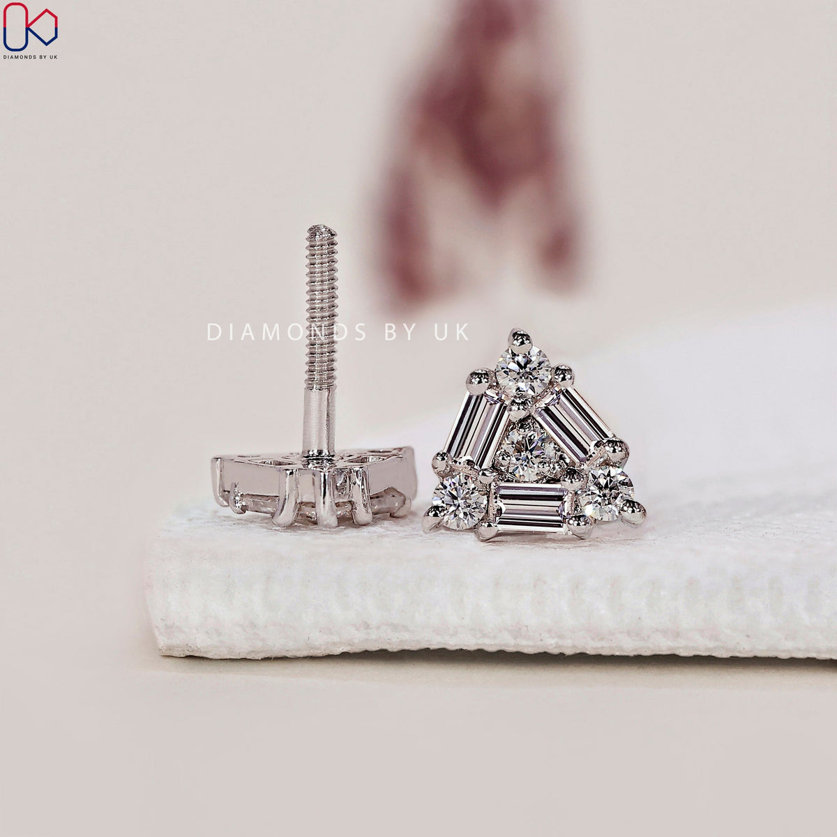 White Gold Stud Earrings - Baguette and Round Diamond
