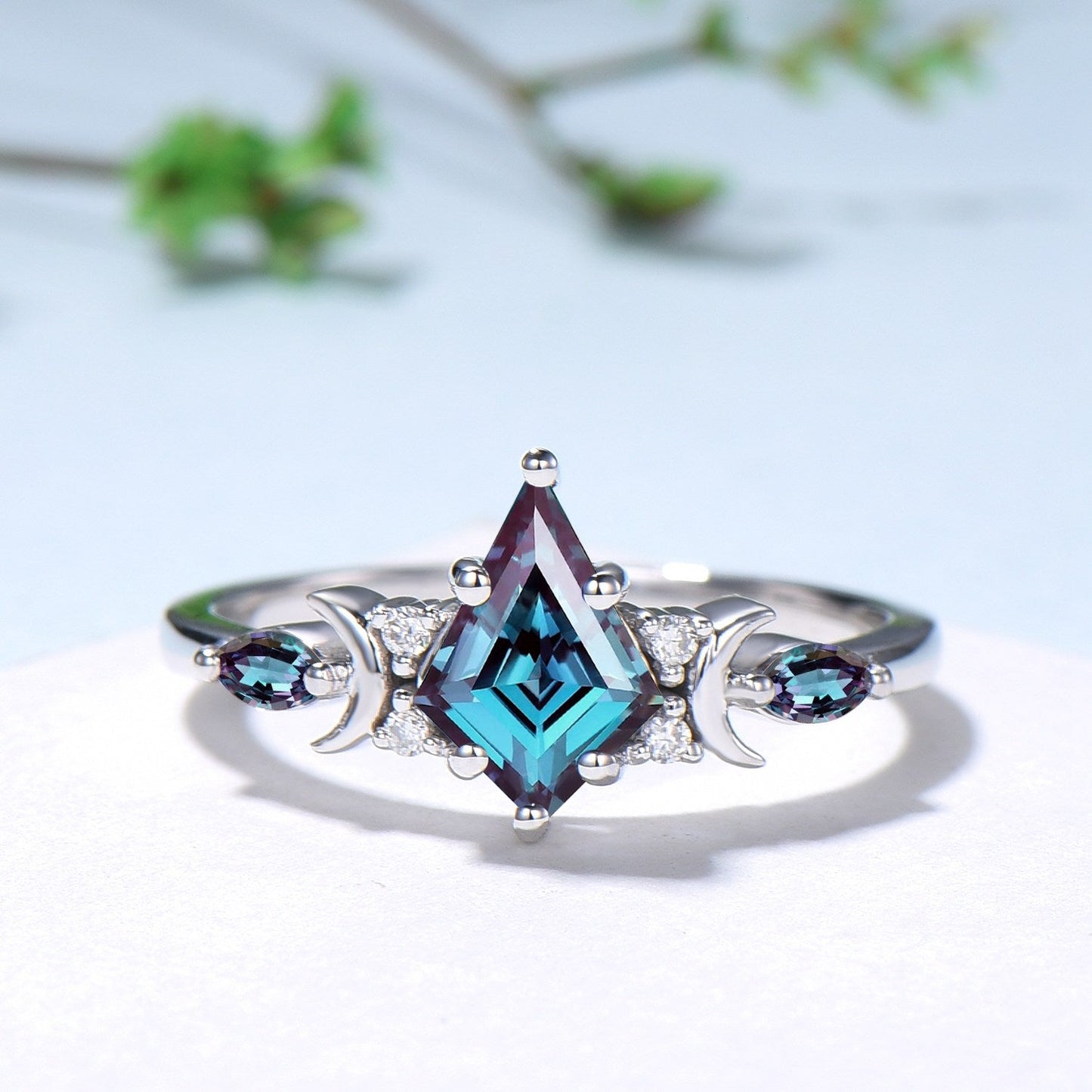 Kite Cut Alexandrite Engagement Ring Set Crescent Moon Star White Gold Art Deco Marquise Bridal Set