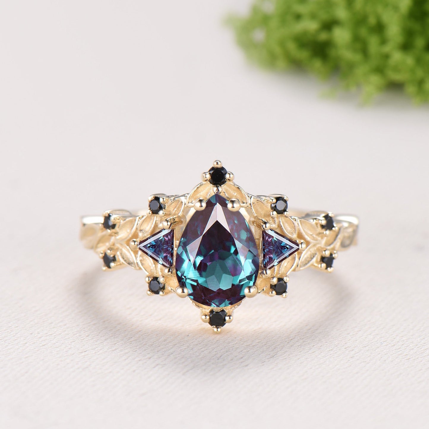 Vintage Pear Alexandrite Engagement Ring Set, 14k Rose Gold, Black Spinel Leaf Vine