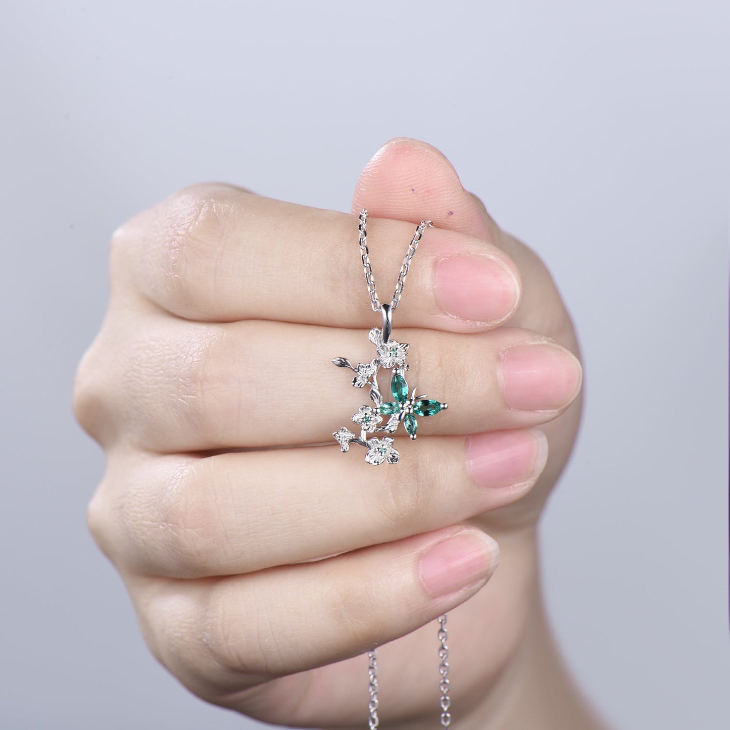 Emerald Green Crystal Butterfly Necklace, Floral Branch Pendant