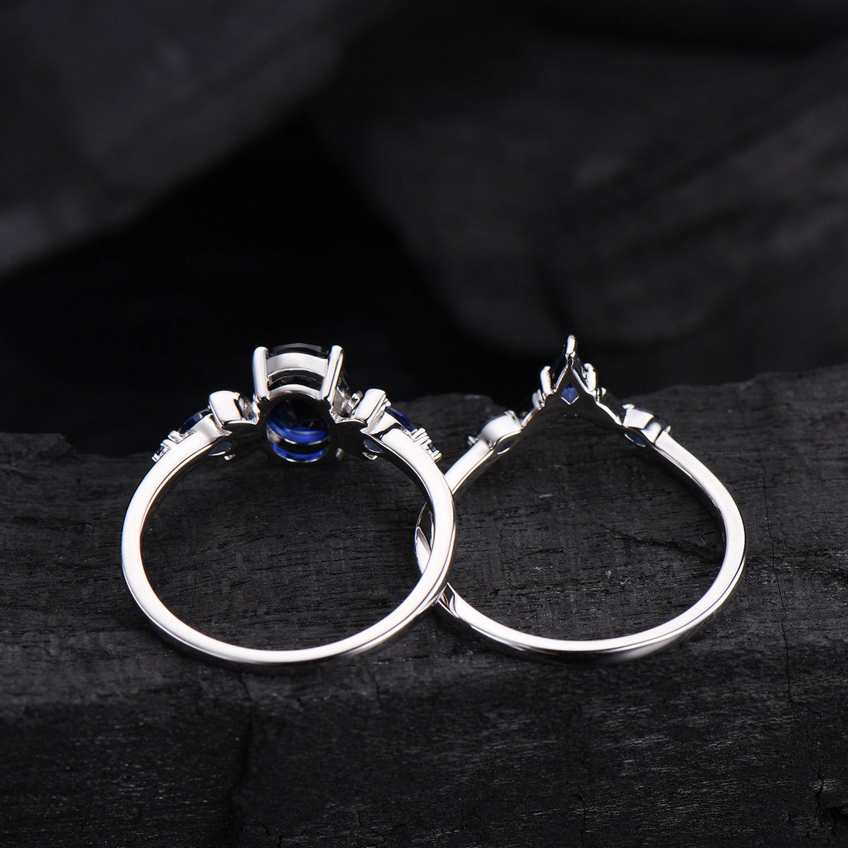 Vintage 1.5 Carat oval blue sapphire moon engagement ring set Five stone wedding set