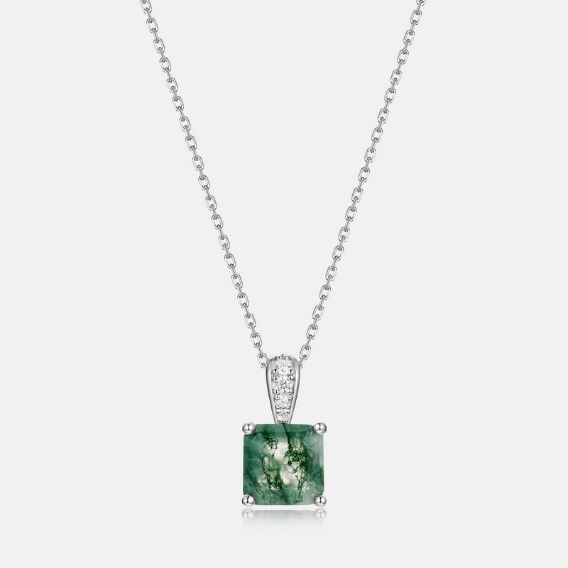 Princess Cut Natural Moss Agate Pendant Necklace