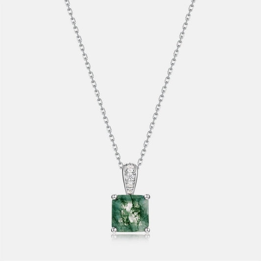 Princess Cut Natural Moss Agate Pendant Necklace