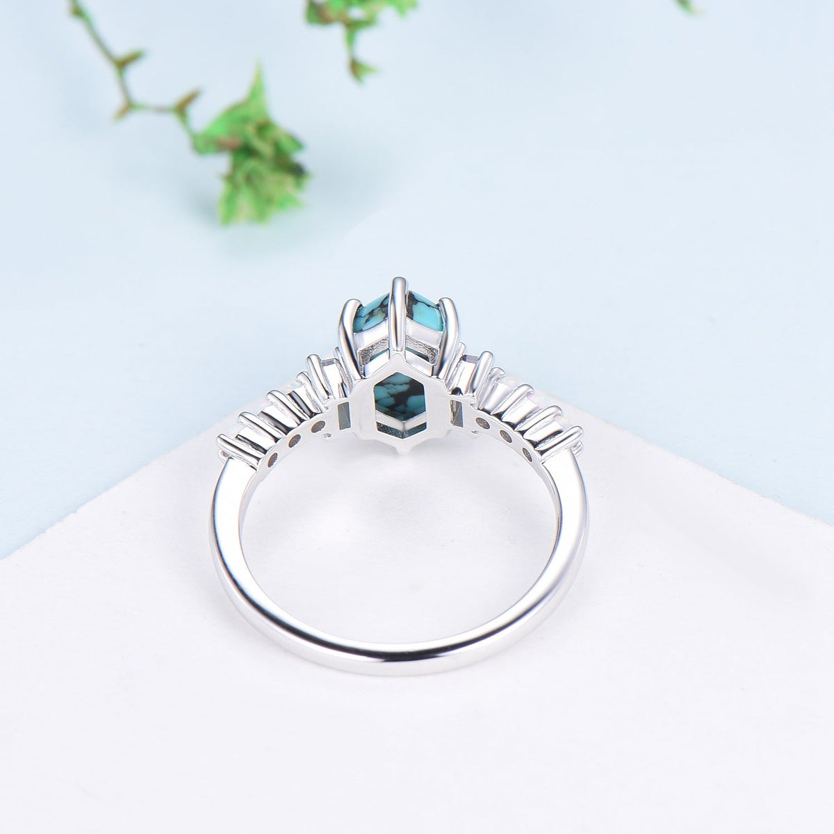 Unique turquoise engagement ring Long hexagon cut turquoise cluster baguette alexandrite opal wedding ring art deco proposal gifts for women