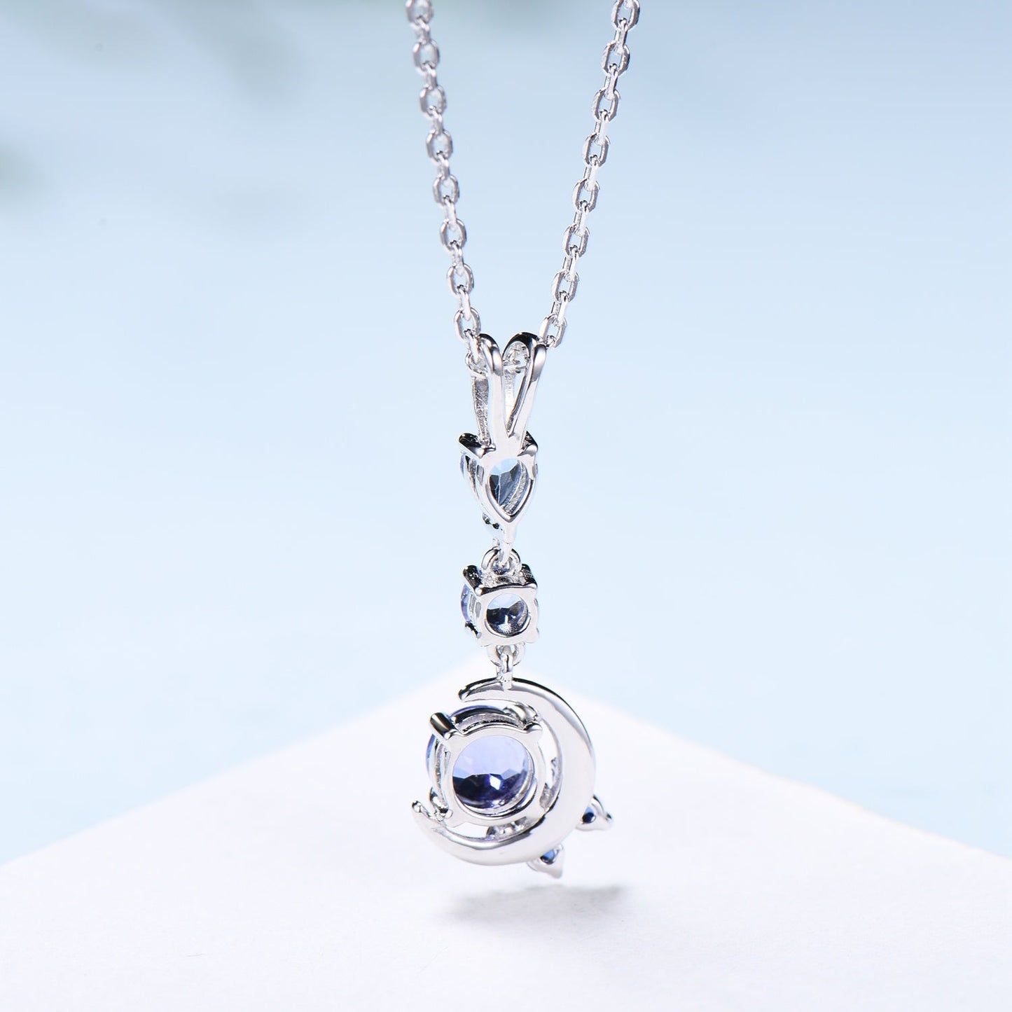 Unique Crescent Moon Tanzanite Necklace Elegant Cluster Sapphire Pendant Necklace 14k/18k White gold silver necklace promise gift for women