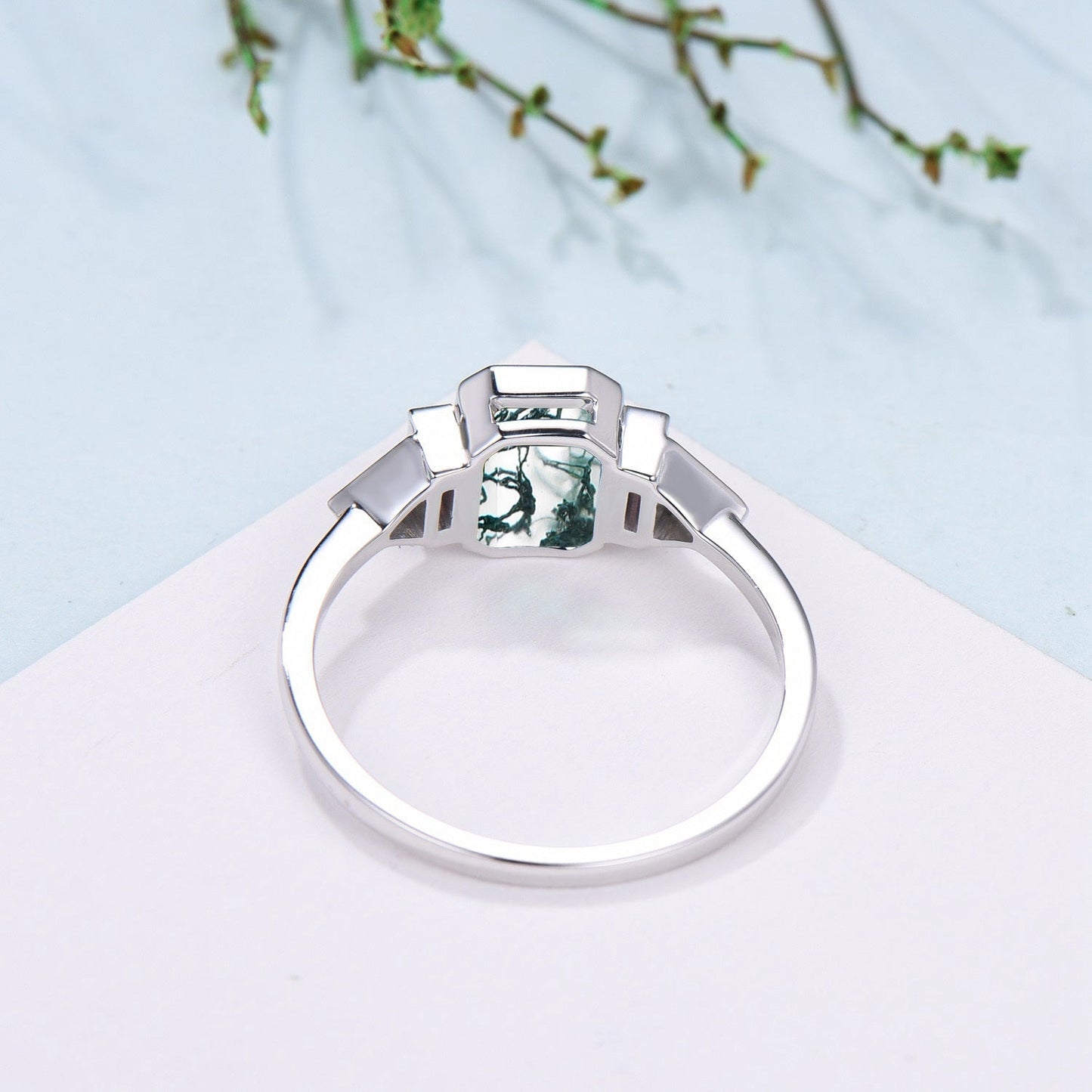 Bezel Set Emerald Cut Moss Agate Engagement Ring Five Stone Baguette Opal & Trillian Alexandrite Wedding Anniversary Ring