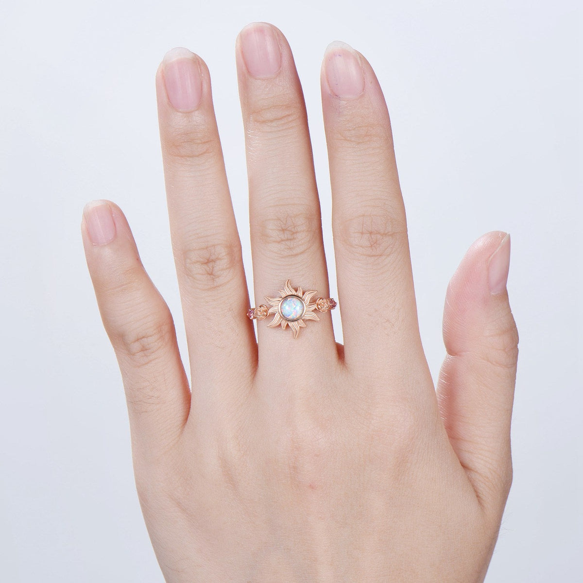 Sunflower ring round fire opal engagement ring nature inspired pink tourmaline wedding ring vintage flower anniversary promise ring for wife