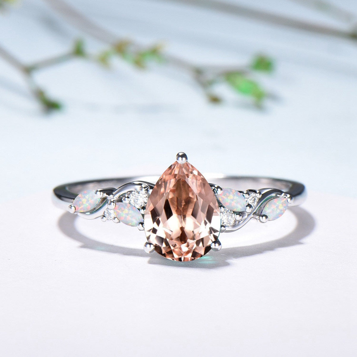 Pear Shaped Natural Morganite Opal Engagement Ring Set: The Fae Queen's Teardrop Nesting Ring