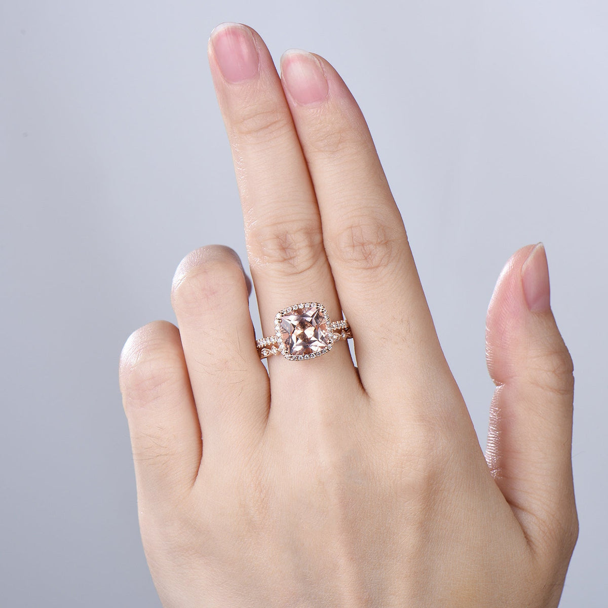 3ct cushion cut natural morganite engagement ring set Vintage 14k rose gold bridal ring set Full eternity Milgrain matching band