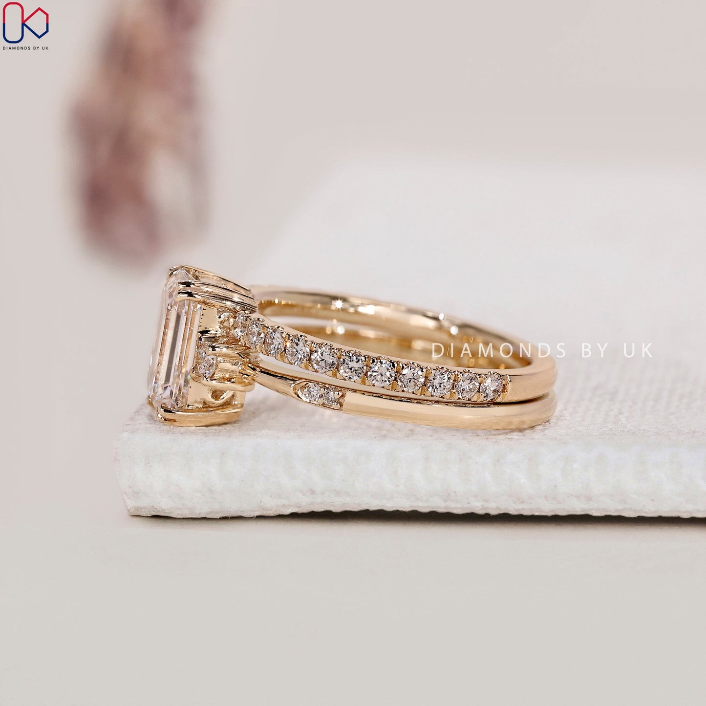 Side Stone Emerald Cut Ring with Wedding Band