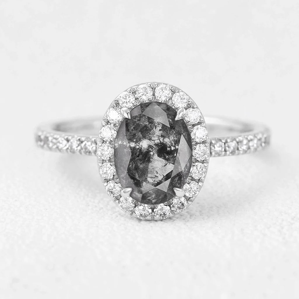 Isadora’s Essence | 1CT Oval Salt & Pepper Diamond Halo Pavé Engagement Ring