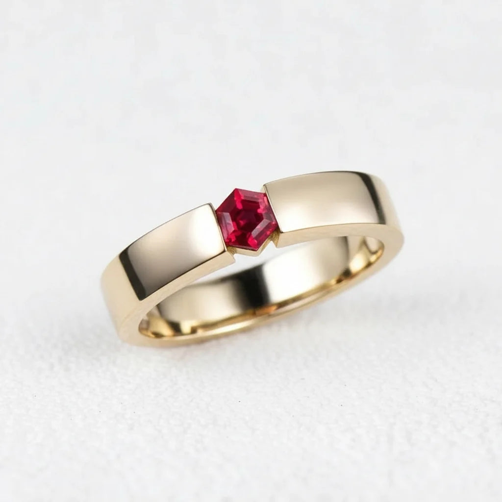 Ruben’s Hexagon | Ruby Tension Set Men's Wedding Band