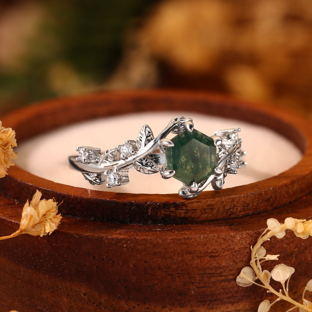Forest Fairy Hexagon Moss Agate Ring Handcrafted Gold Vine and Leaf Nature Inspired Jewelry