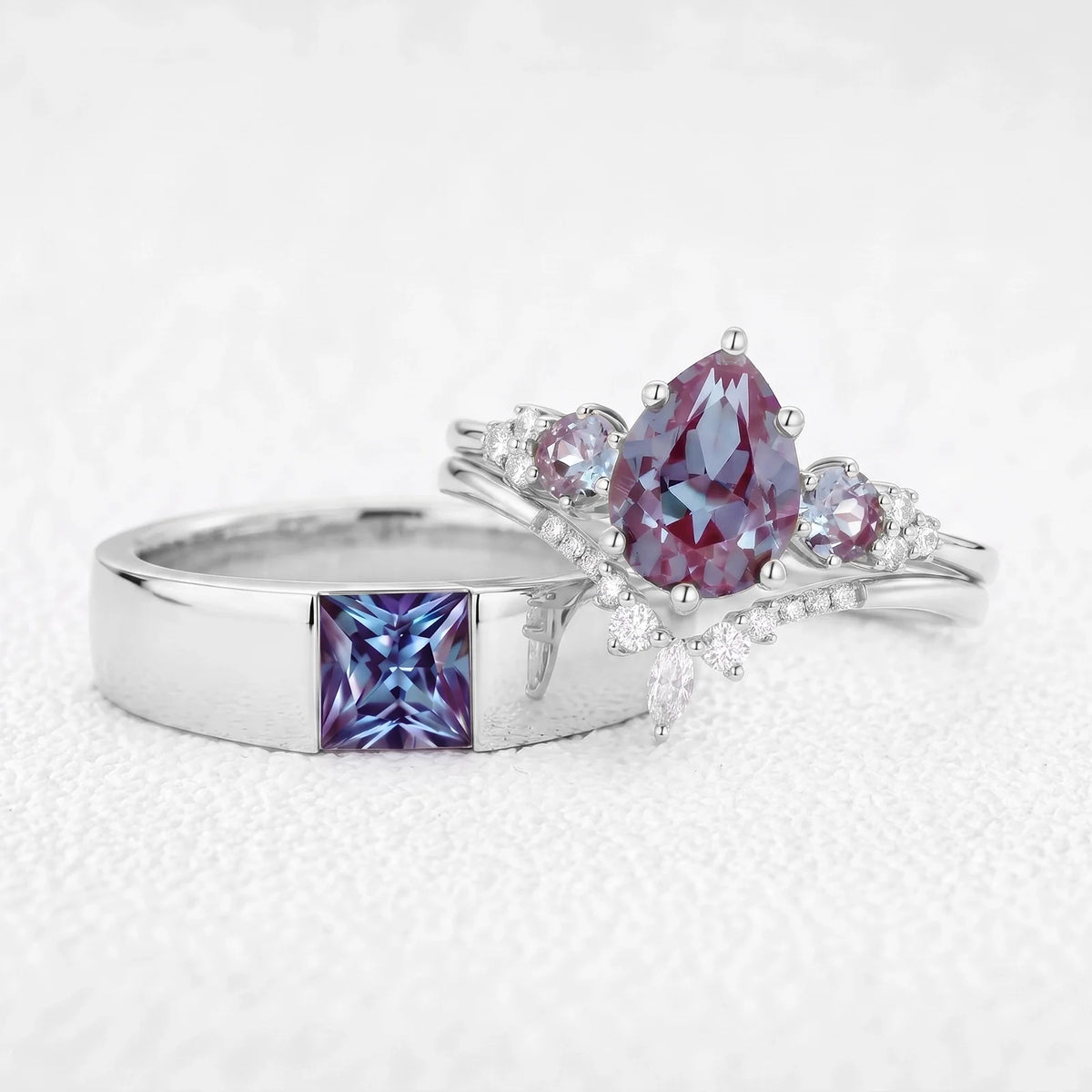 Sylvie’s Mirage | Alexandrite Pear Cluster & Princess Band Couple Set 3pcs