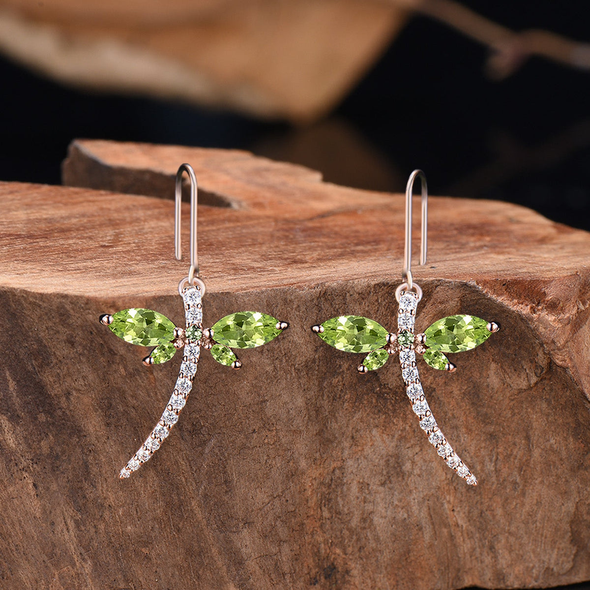 Elegant dragonfly earrings Unique marqusie cut peridot necklace pendant
