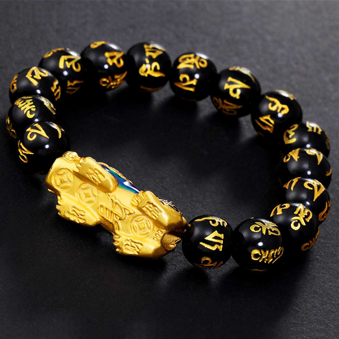 Pixiu Mani Mantra Black Obsidian Abundance Bracelet