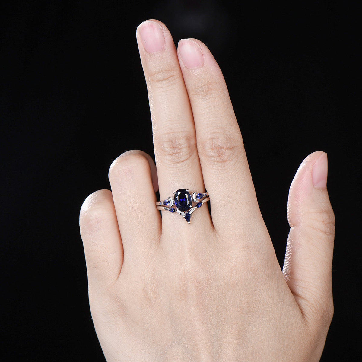 Vintage 1.5 Carat oval blue sapphire moon engagement ring set Five stone wedding set