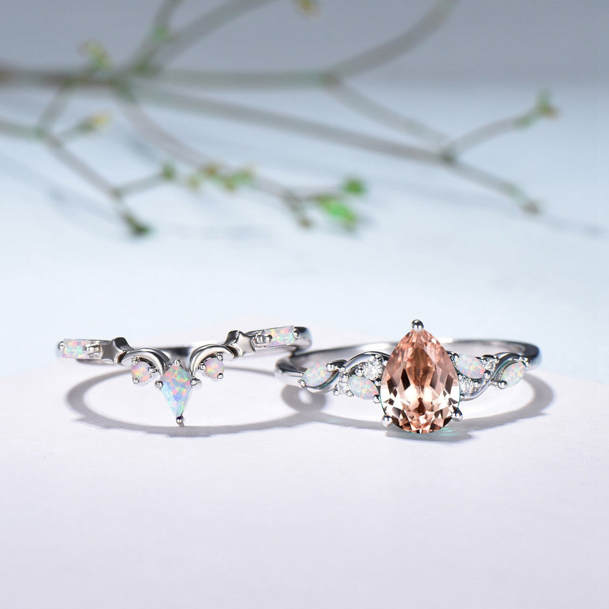 Pear Shaped Natural Morganite Opal Engagement Ring Set: The Fae Queen's Teardrop Nesting Ring