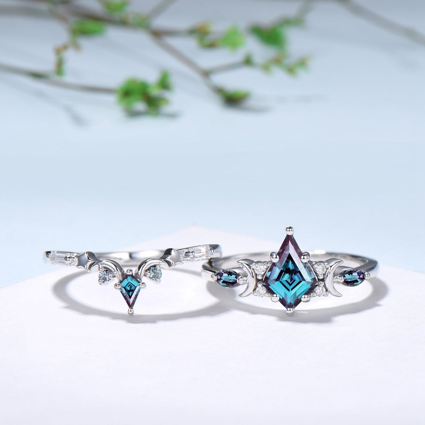 Kite Cut Alexandrite Engagement Ring Set Crescent Moon Star White Gold Art Deco Marquise Bridal Set