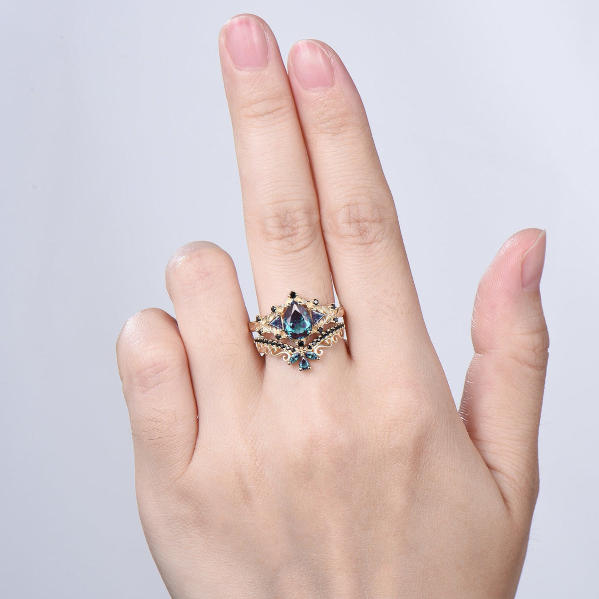 Vintage Pear Alexandrite Engagement Ring Set, 14k Rose Gold, Black Spinel Leaf Vine