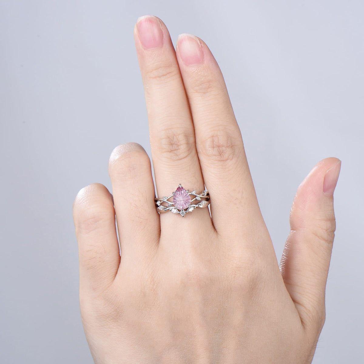 New Starburst Cut Padparadscha Sapphire Engagement Ring Set: Nature Inspired Leaf Twig Bridal Set