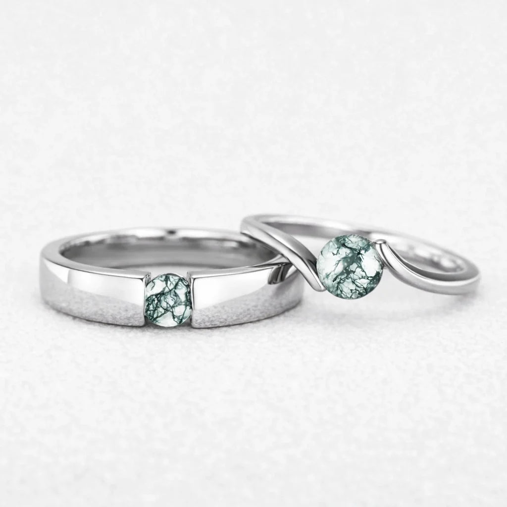 One Stone Duo | Round Moss Agate Couple Ring Set 2pcs