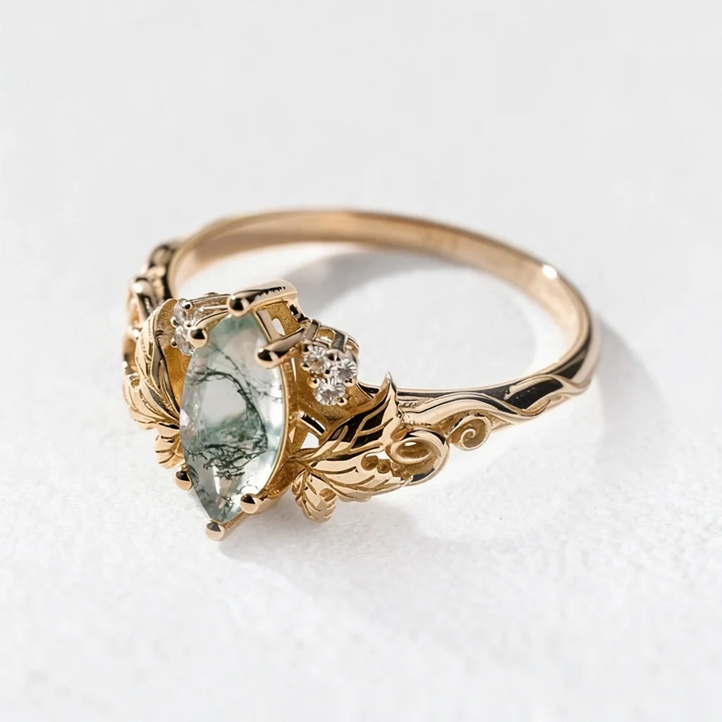 Daphne’s Laurel | Marquise Moss Agate with Diamond Leaves