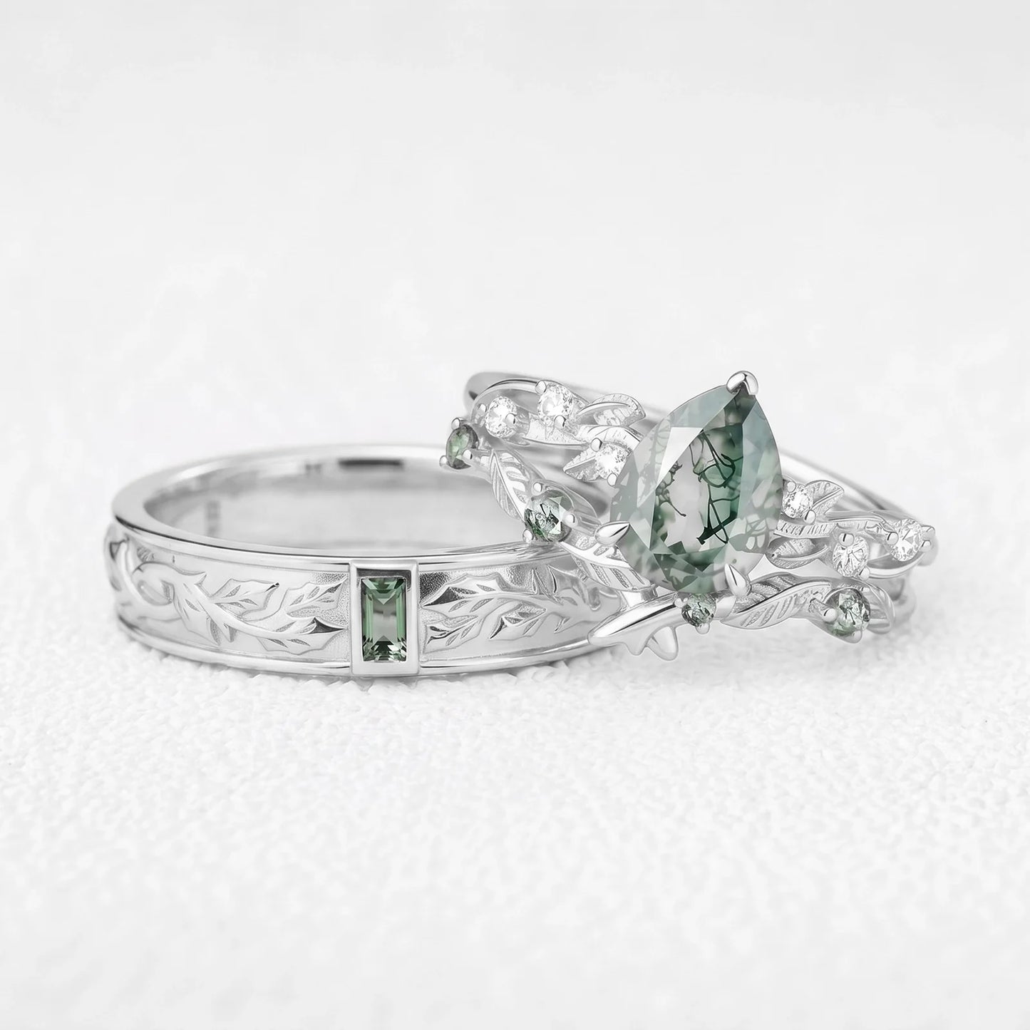 Clarissa’s Constellation | Pear Moss Agate & Green Sapphire Couple Ring Set