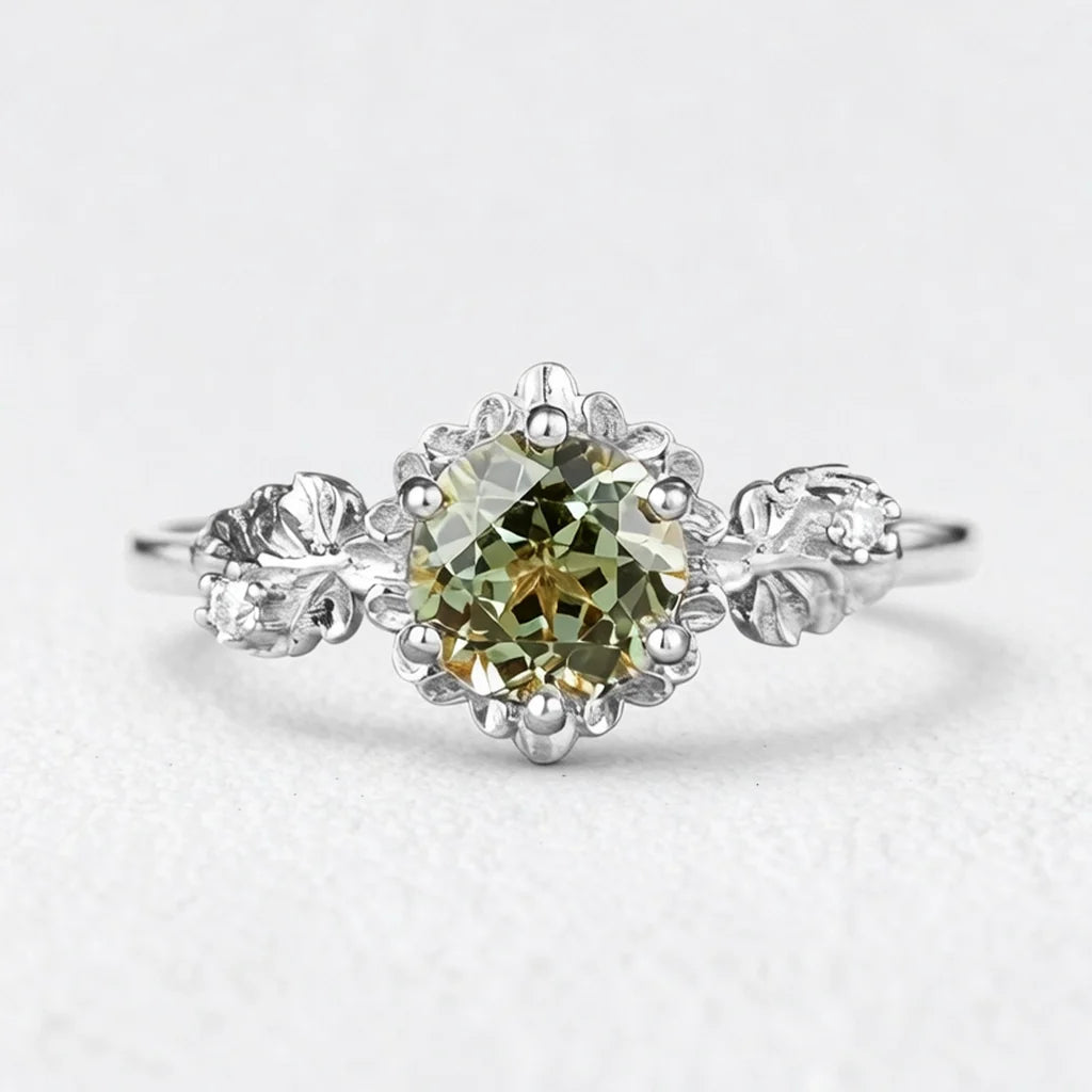 Sylvie’s Blossom | Round Green Sapphire Floral Engagement Ring
