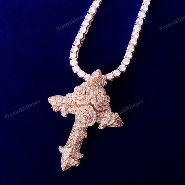Moissanite Sterling Silver Rose Cross Pendant