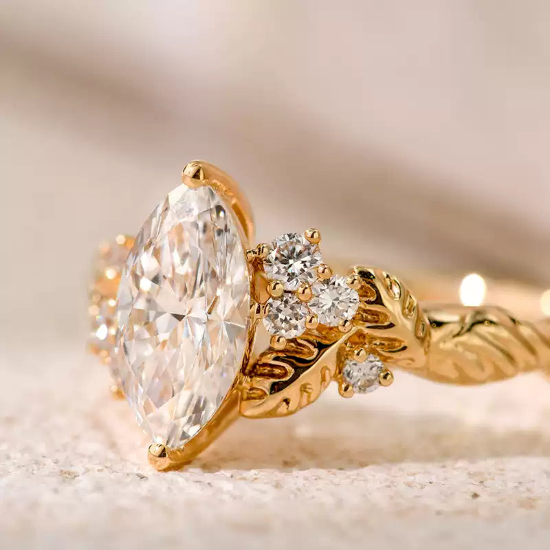 Vintage Leaf Vein Marquise Cut Engagement Ring