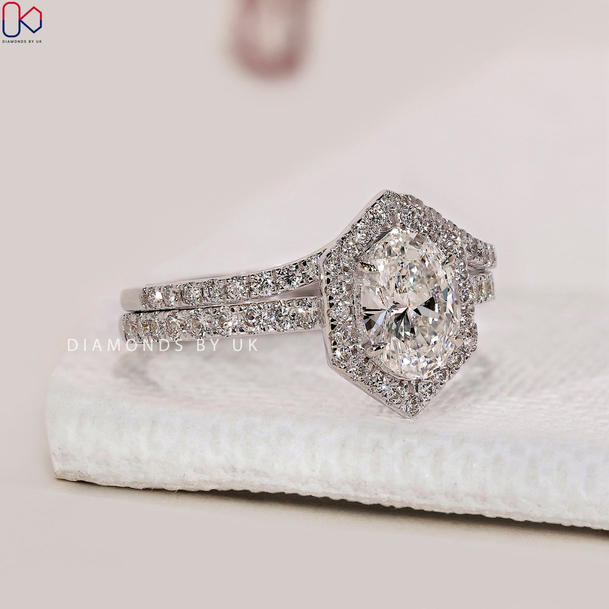 White Gold Halo Engagement Ring With Wedding Band