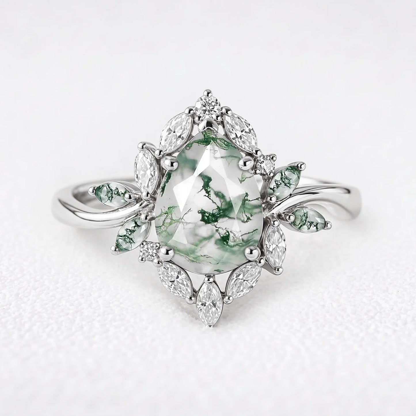 Daphne's Bloom | Pear Moss Agate & Diamond Cluster Engagement Ring