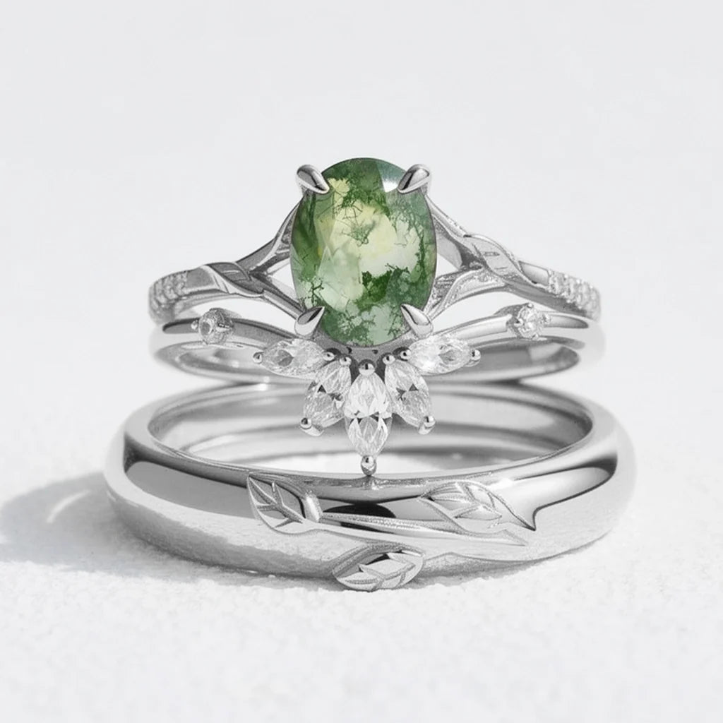 Zinnia’s Meadow | Oval Cut Moss Agate Leafy Gold Couple Ring Set 3pcs