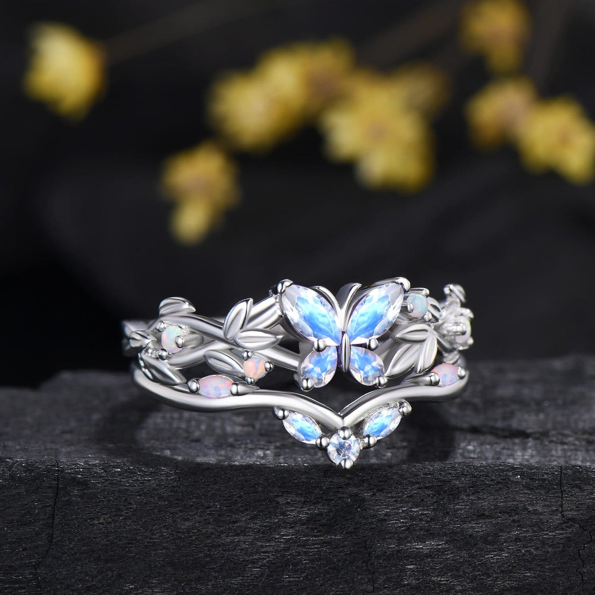 Natural Moonstone Butterfly Bridal Set White Opal Accent Leaf Engagement Ring